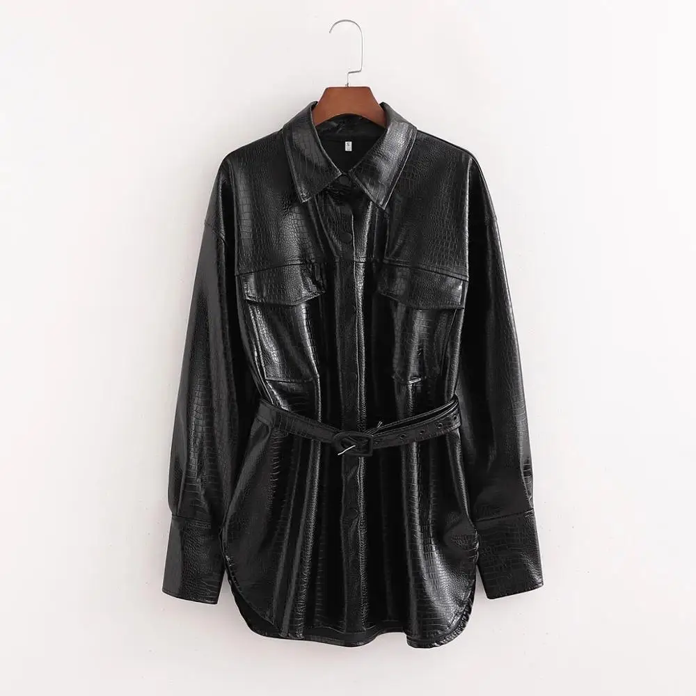 New Pop Fall Winter Women Long Jackets Faux Leather Belted Long Sleeves Woman Coat Overshirt Casual Vogue women clothes