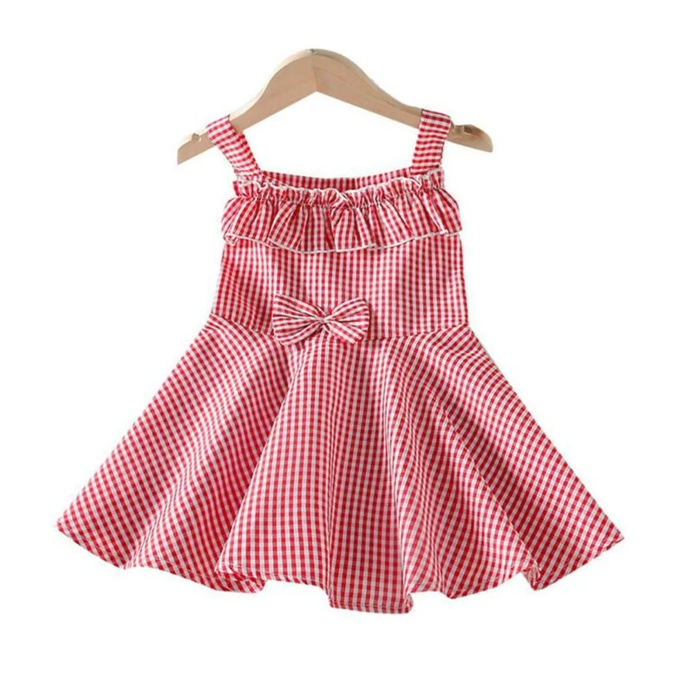

Kids Girls Check Ruffle Short Sleeve Strappy Dress Beach Holiday Swing Sundress