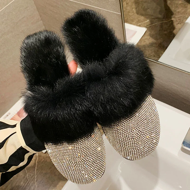 

Big Size Women Slippers Ladies House Luxury 2022 Rhinestone Rabbit Fur Crystal Home Female Slippers Outdoor Mules Flats Shoes