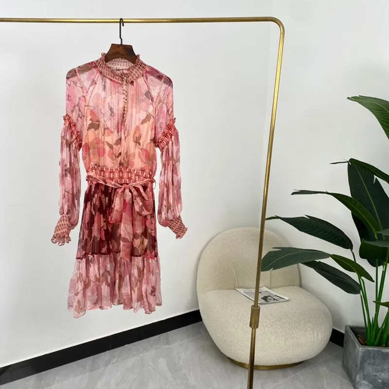 

Женское ТРАПЕЦИЕВИДНОЕ мини-платье, розовое шелковое платье с длинными рукавами и цветочным принтом, лето 2021