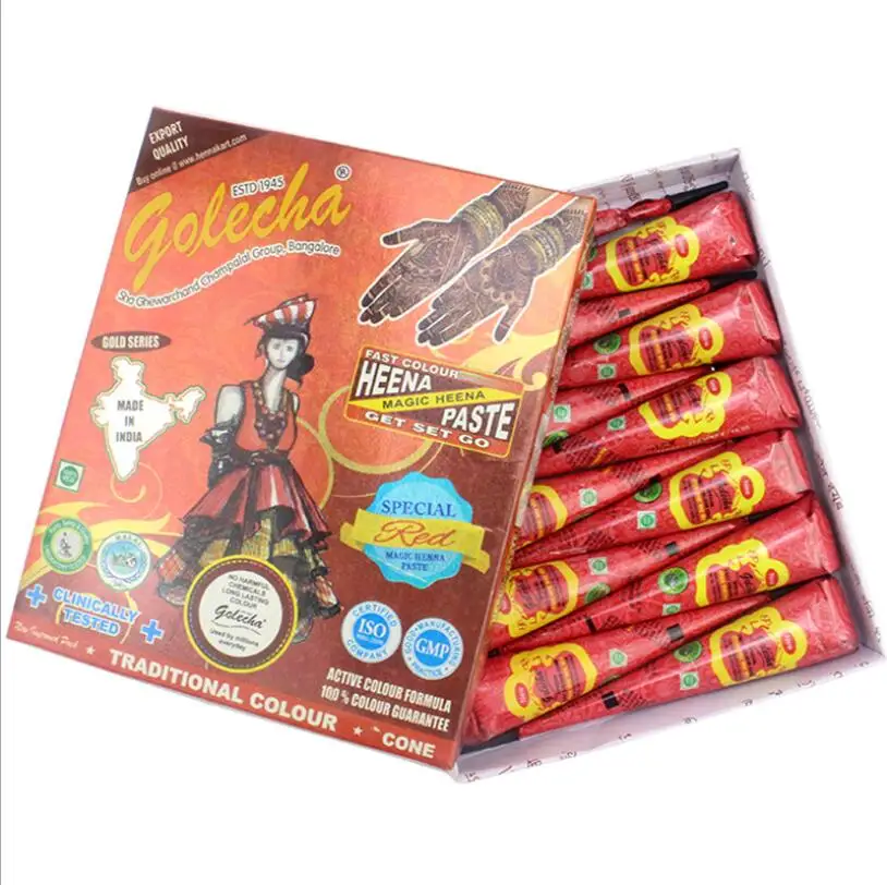 12 шт./коробка GOLECHA черные коричневые красные белые конусы хны индийская паста для