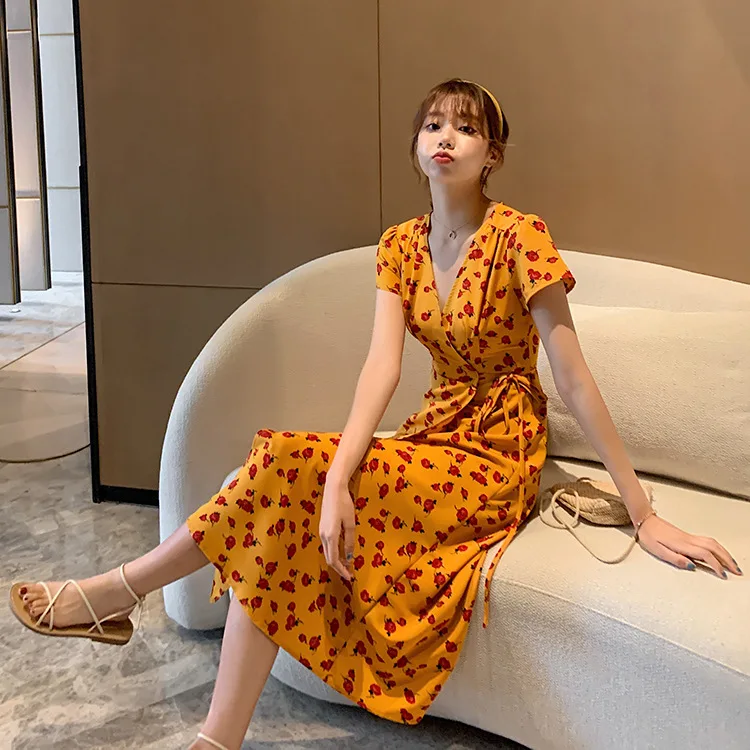 

2021 Summer Women's Wear French Waist Length Dress, Knee Over Retro Floral Dress 2020 Bodycon Elegant Party Korean Fashion