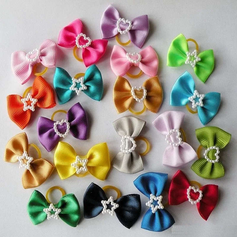 

50/100pcs Pure Love Handmade Dogs Grooming Bows with Rubber Bands Pet Hair Bow Accessories