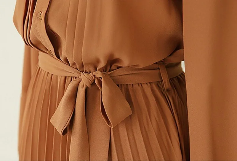 

2020 Summer Pleated Sexy Dress Women Vintage Chiffon Long Sleeve Party Dress Casual Vestidos Woman Bow Belt Clothing