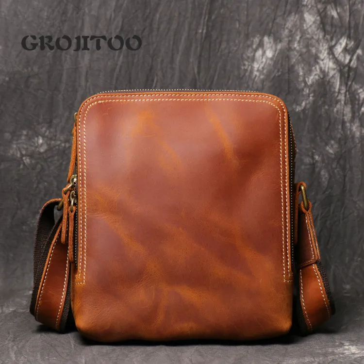 

GROJITOO New men's leather shoulder bag women's crazy horse skin messenger bag simple genuine leather iPad bag for man