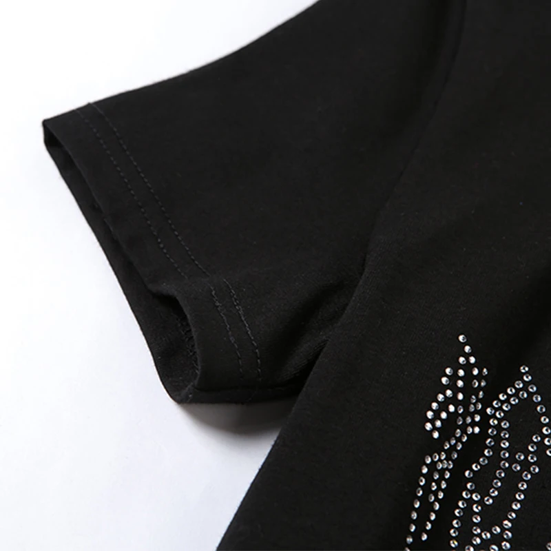 

LVINMW Diamonds Casual O Neck Short Sleeve Woman T Shirts Slim Fashion Simple Daily Tops Women Black Summer Spring Cropped Top