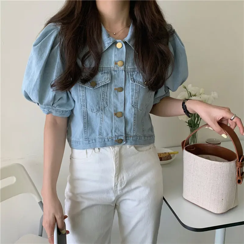 Alien Kitty Korean Vintage Puff Sleeves Loose Jeans Cowboy 2020 Gentle Tops Coat Cardigans Light Washed Blue Denim Jackets | Женская