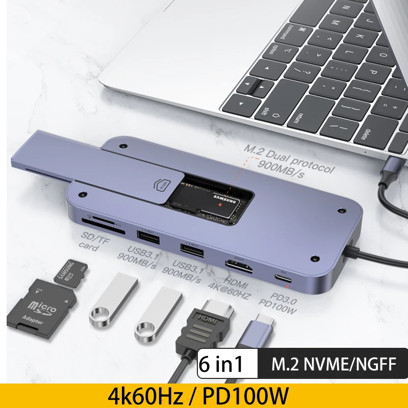 USB 3. 0 GEN2 Hub для MacBook Pro M1 с корпусом HDD NVME M.2 SSD чехол 10G HDMI 4K60hz SD/TF PD100W док-станция |