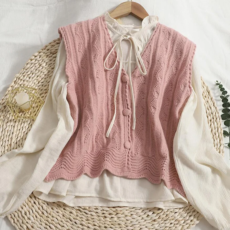 

Autumn Sweet Suit Women Single Breasted V-neck Knitted Vest + Lace-up Lotus leaf Stand Collar Long sleeve Shirt Two Piece Set