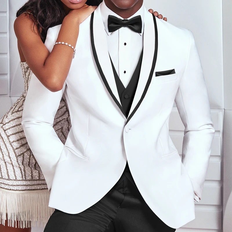 

Смокинг Свадебный для жениха 3 предмета, приталенный силуэт, модный мужской костюм, пиджак с брюками, жилет, белый и черный