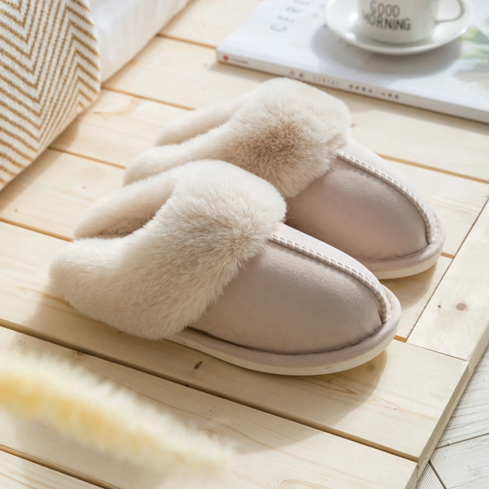 New Women Fur Home Slippers Quality Suede Flat Cotton Shoes Man Plush Slippers Couple Bedroom Slides Furry Indoor Shoes