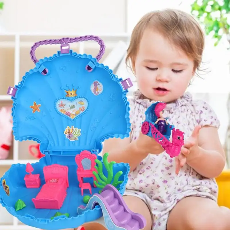 

2021 New Portable Satchel Girls Play Set Toys Children's Shell Storage House Toys Puzzleimulation Play House Toys Baby Girl Gift