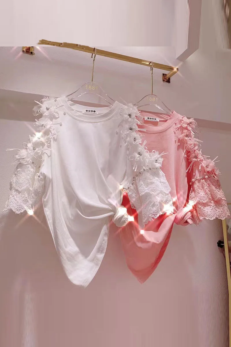 

New Beads Rhinestones Three-Dimensional Flower Tee Fashion Off-Shoulder Short Sleeve T-shirt Lace Stitching Loose Top for Women