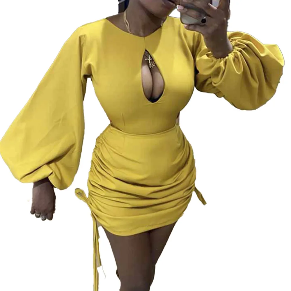 

2021 New Western Style Fashion Women's Dress Solid Color Hollow Out Lantern Sleeve Round Neck Splicing Sexy Drawstring Oversize