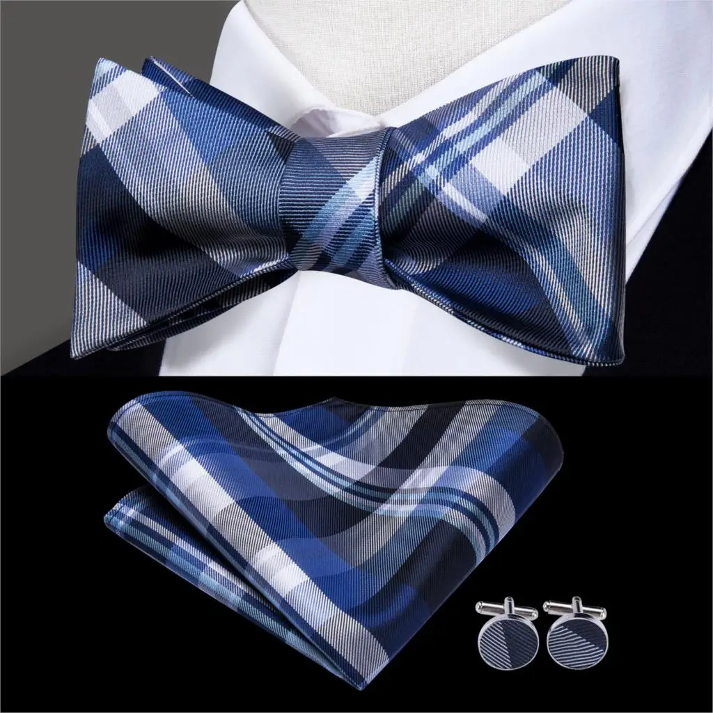 

LH-2008 Hi-Tie Brand Men Bow Tie Set Self Bow Tie Blue Plaid Butterfly Tie for Mens Wedding Hanky Cufflinks Set Bow ties for men