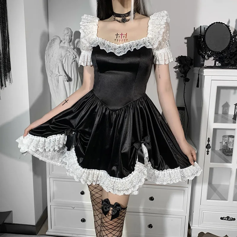 

Donsignet Fashion Women's Dress Leisure Hot Sale V-neck Pullover Solid Color Lace Stitching Sexy High Waist Dark Color Dress