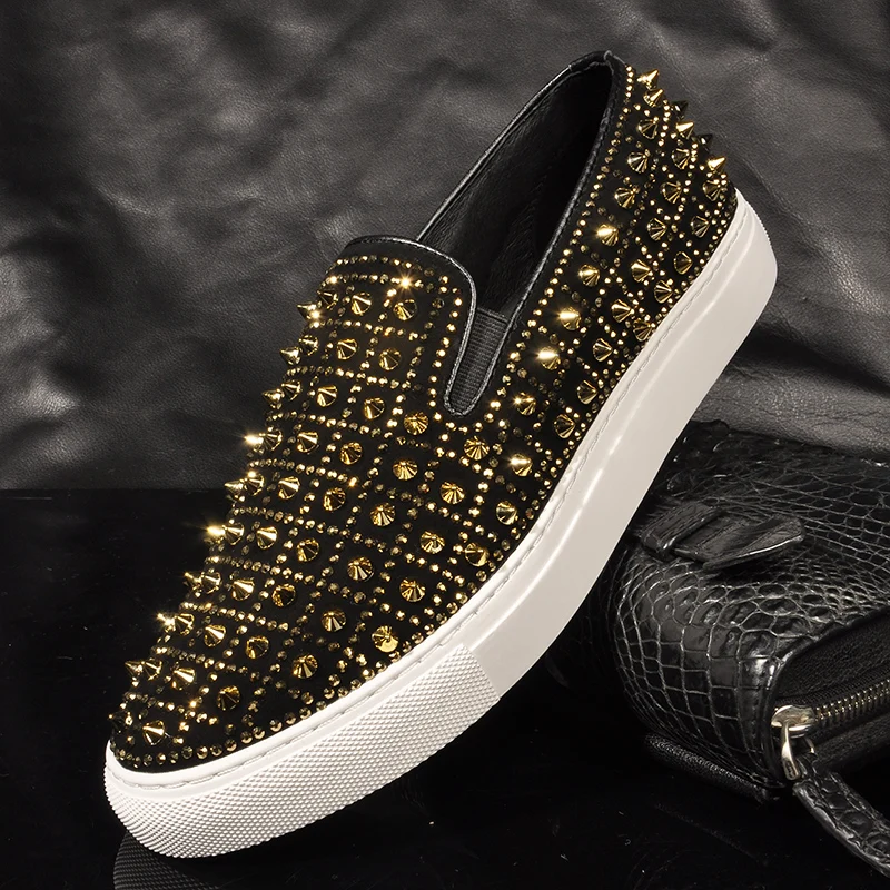 

famous brand men luxury fashion punk nightclub dress cow leather shoes summer slip-on rivets shoe flat platform loafers zapatos
