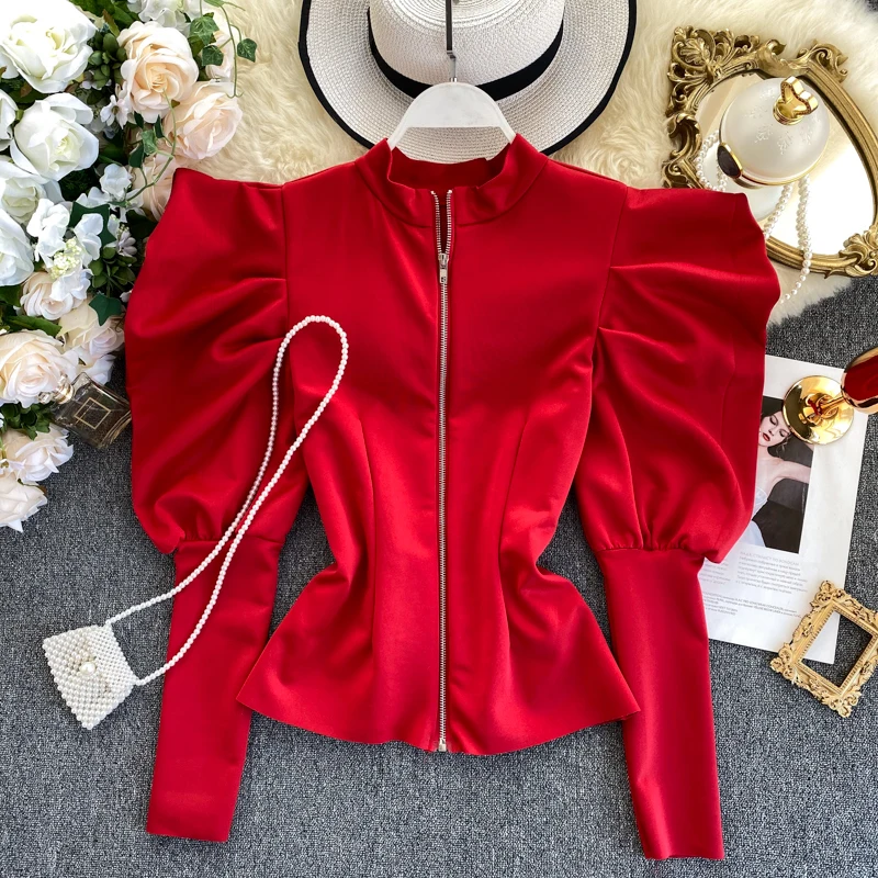 

Женский топ в стиле ретро, с пышными рукавами, воротником-стойкой, на молнии до ношения, модная дикая весенне-осенняя блузка, 2021