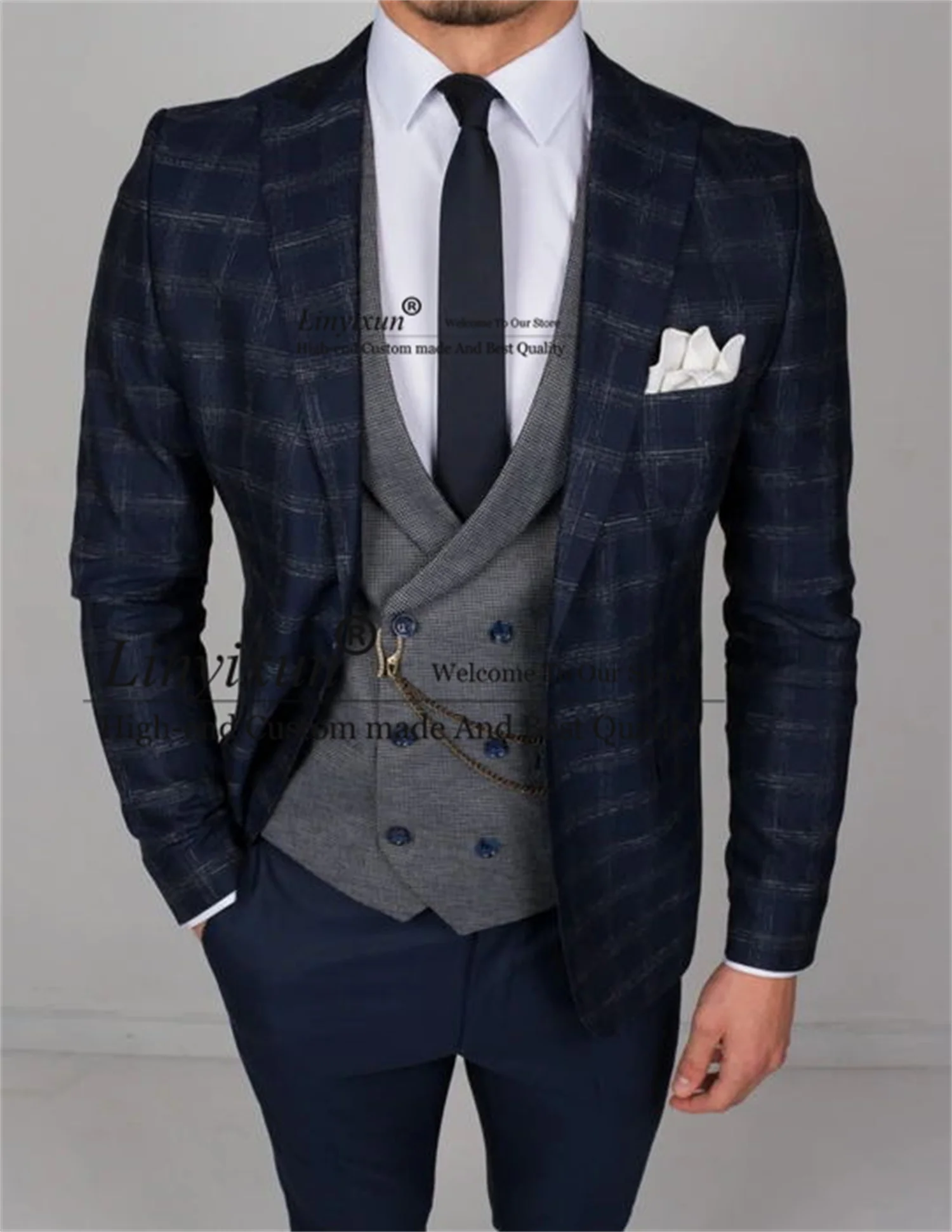 Мужской Клетчатый костюм тёмно-синего цвета из 3 предметов | Мужская одежда
