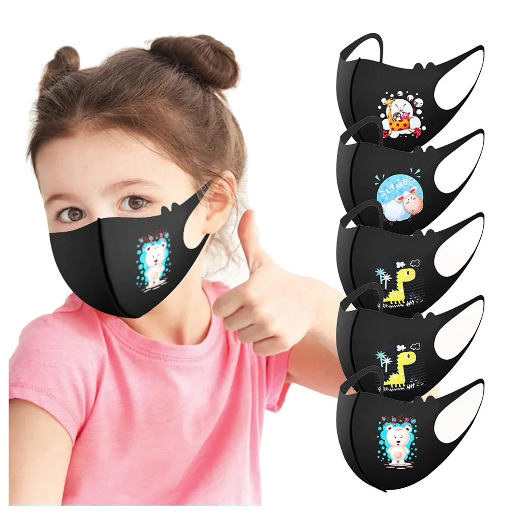 

5Pcs Children Washable Mask Adjustable Cartoon Printing Lovely Mask Boys Girls Ice Silk Cotton Quick Dry Reusable Dustproof Mask