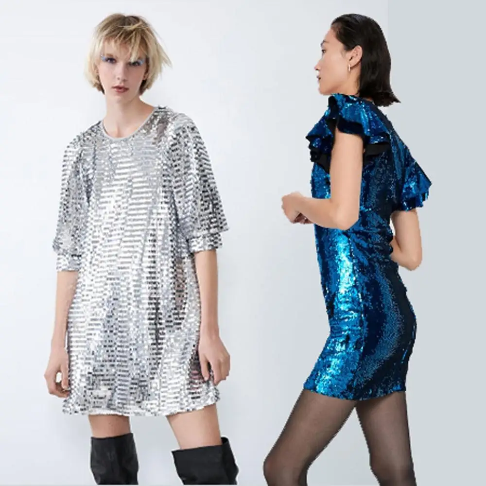 Женское мини платье с блестками ZA богемное короткое круглым вырезом для ночного