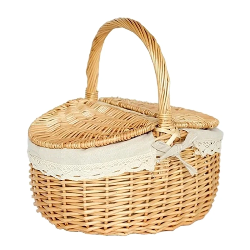 

Rattan Outdoor Picnic Basket Country Style Hand Woven Hamper with Lid and Handle