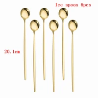 gold spoon sets 6pcs stainless steel round tea coffee spoon for ice cream dessert long handled spoon cutlery kitchen cutlery set