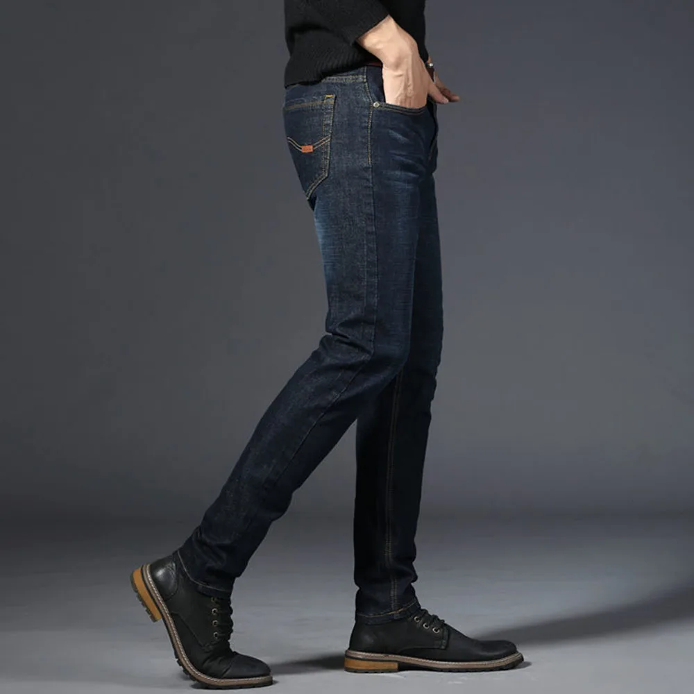 Mens Classic Jeans Solid Color Business Work Pants Straight Denim Casual Pants