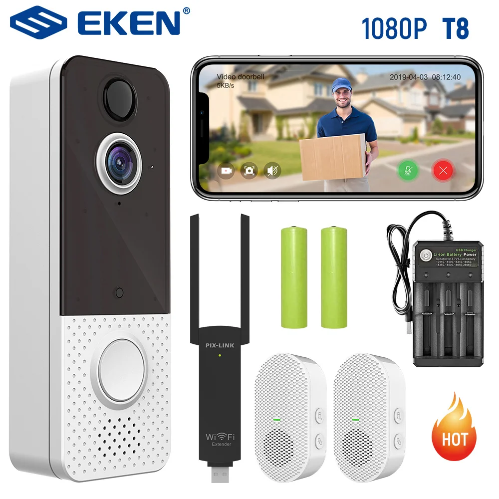 

Видеодомофон EKEN T8, беспроводной дверной звонок с Wi-Fi 1080p, дверной звонок с датчиком движения для квартиры и умного дома