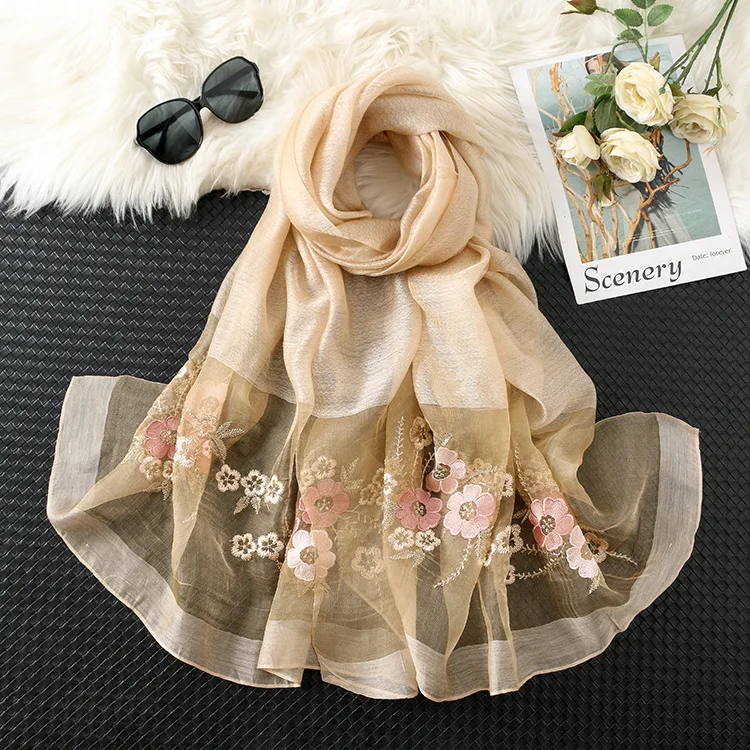 

2020 new silk wool embroidered scarf silk and wool blended silk scarf elegant and versatile shawl