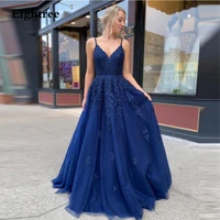 eightree dark blue appliques spaghetti sleeveless evening dress backless a linetulle deep v neck prom dresses floor length gown