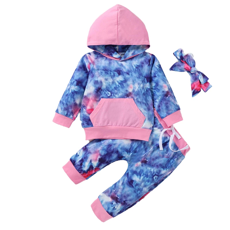 Cute Kids Baby Girl Boy Tie Dyed Outfits Autumn Tracksuits Sportswear Sets Hooded Sweatshirts Long Pants Bow Hair 3Pcs 0-3Y | Детская