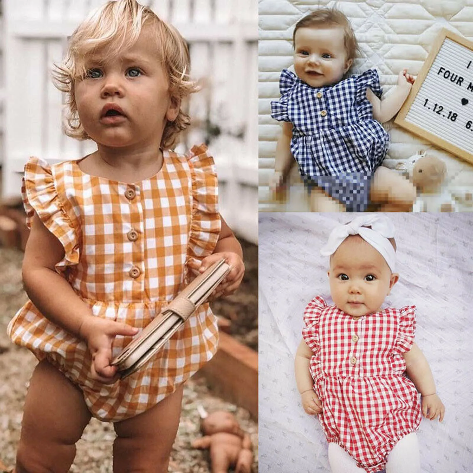 

Newborn Baby Girl Boy Sleeveless Ruffle Plaid Playsuit Bodysuit Romper One Piece Baby Girl Clothes Bodysuit For Newborns 2021