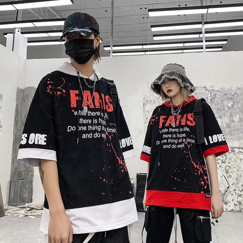 

Color Matching Fake Two-Piece Hooded T-shirt Men's European and American Popular Brand Hip-hop Loose Graffiti Half-Sleeve Hoodie