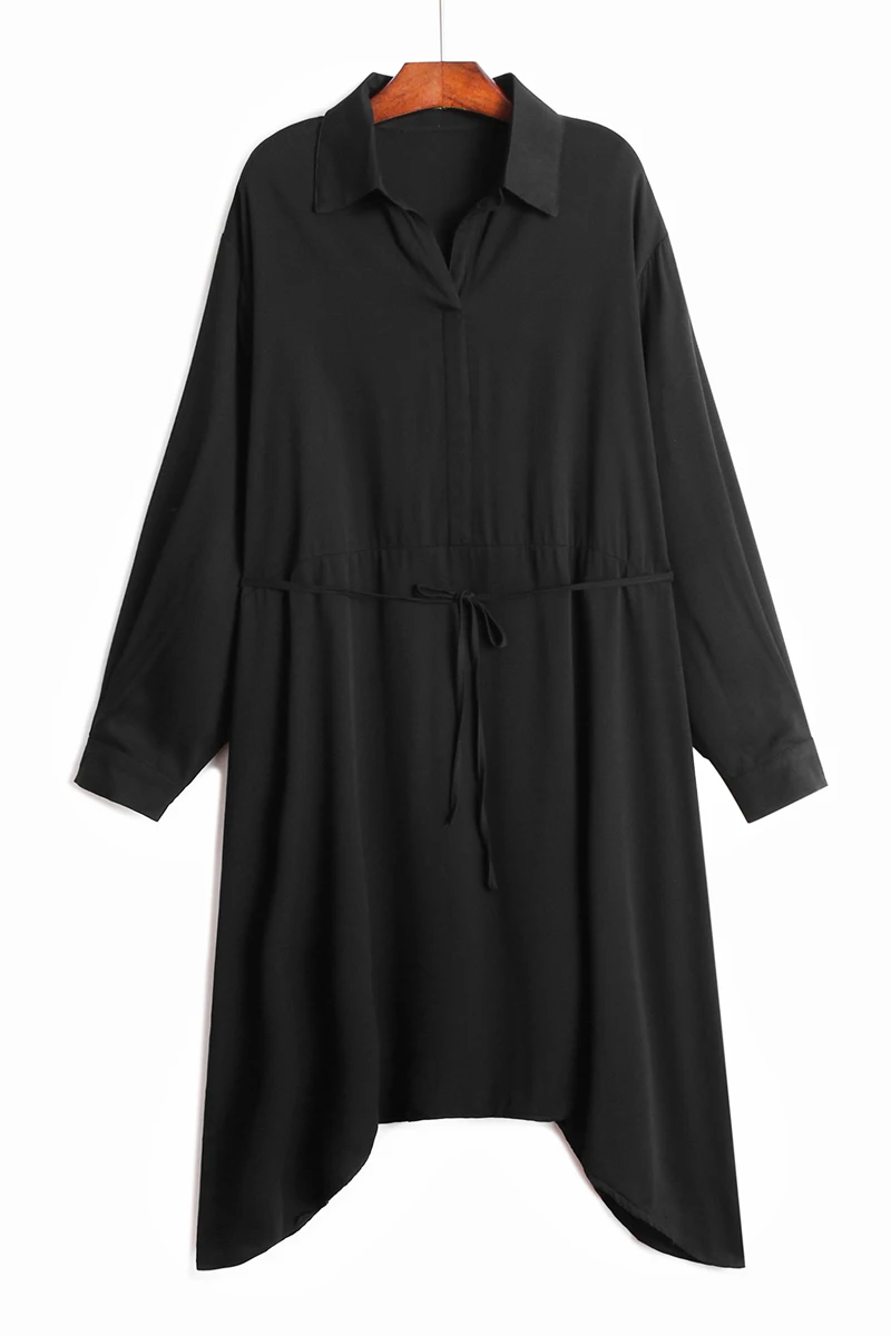 

SuperAen Turn Down Collar Pullover Simple Full Solid Mid-Calf Woman Dress