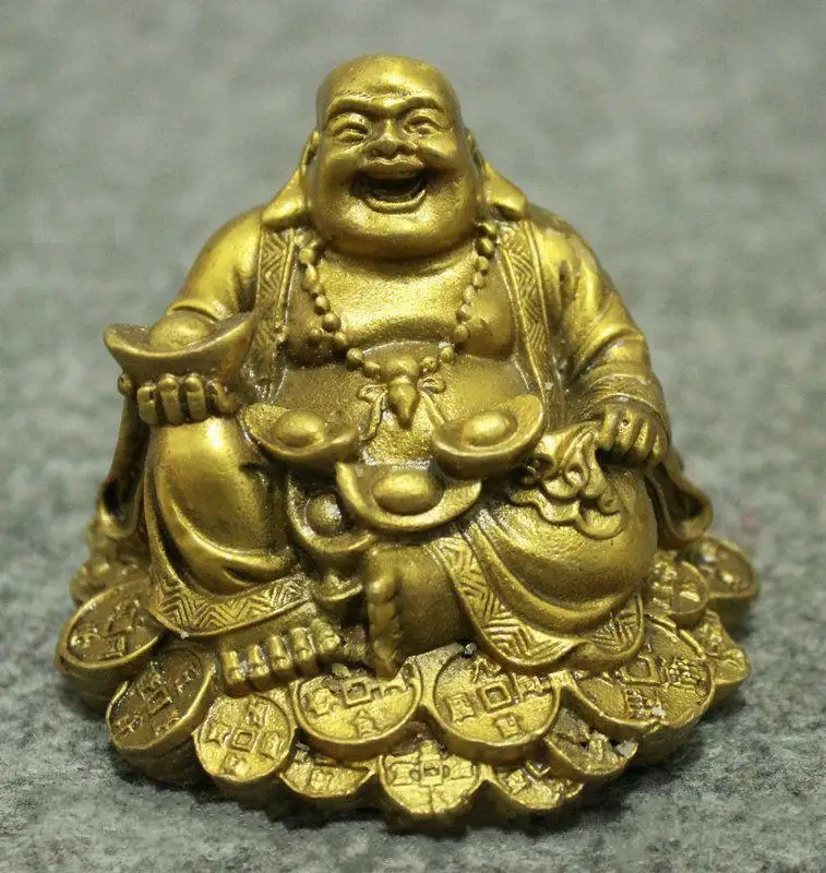 

Chinese Brass Buddhism Wealth Coin YuanBao Happy Laughing Maitreya Buddha Statue