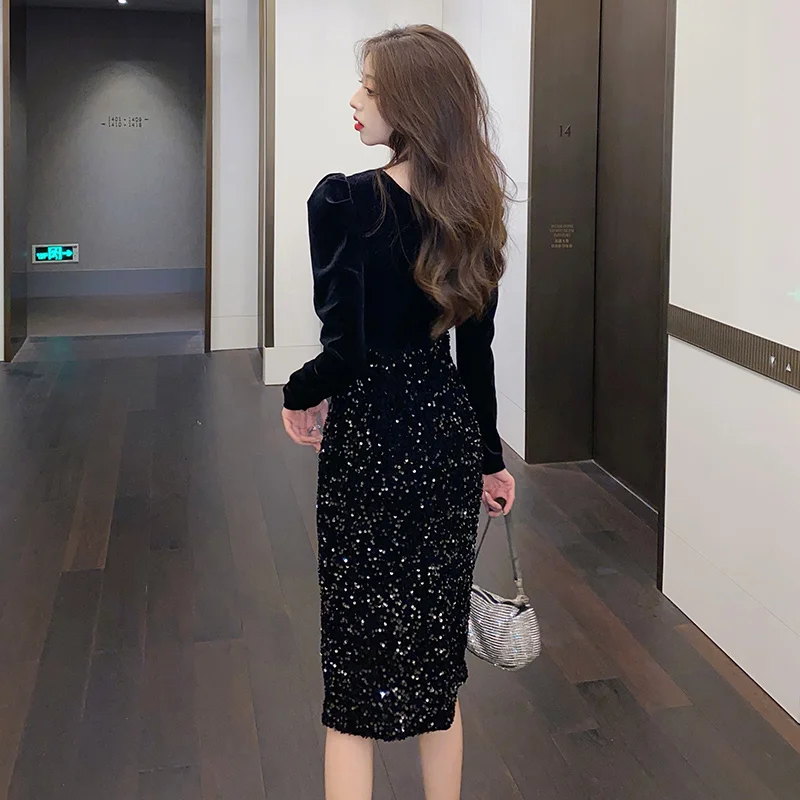 

New Design Spring Dress Women 2021 Bling Bright V-neck Bubble Sleeve Sequin Black Party Velvet Bandage Dresses Sexy Night Club