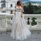 Женское ТРАПЕЦИЕВИДНОЕ свадебное платье, привлекательное Тюлевое платье цвета шампанского с открытыми плечами, аппликацией без рукавов, официальное платье для невесты, 2021