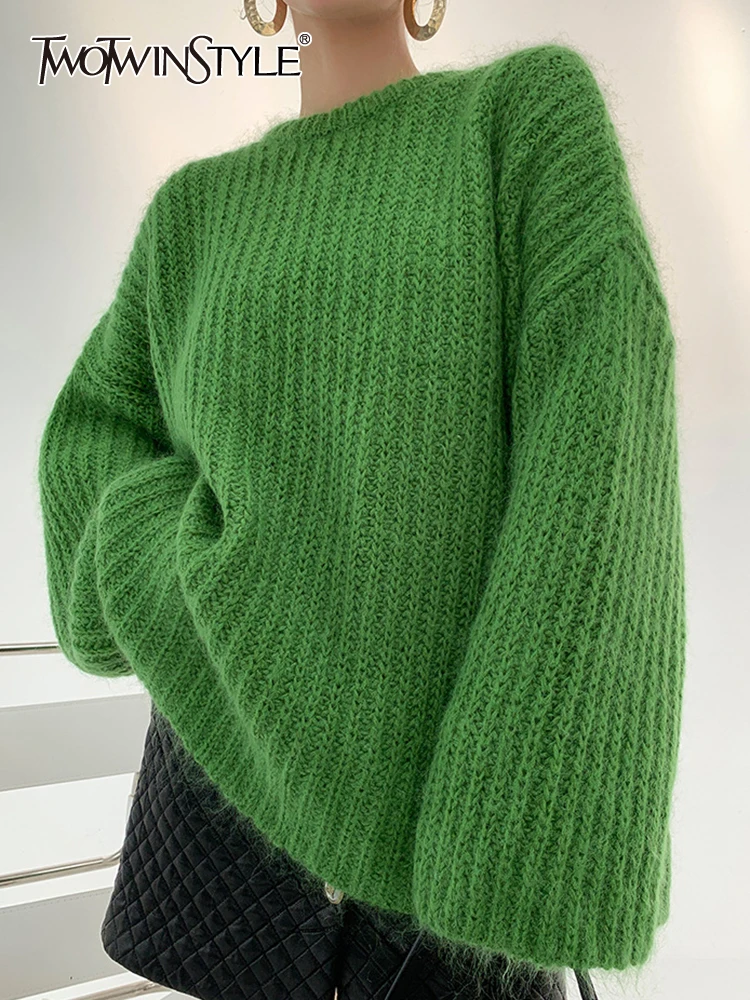 

TWOTWINSTYLE, Повседневные вязаные свитера для женщин, круглый вырез, свободный крой, длинный рукав, простые свитера для женщин, 2021, осенняя одежда
