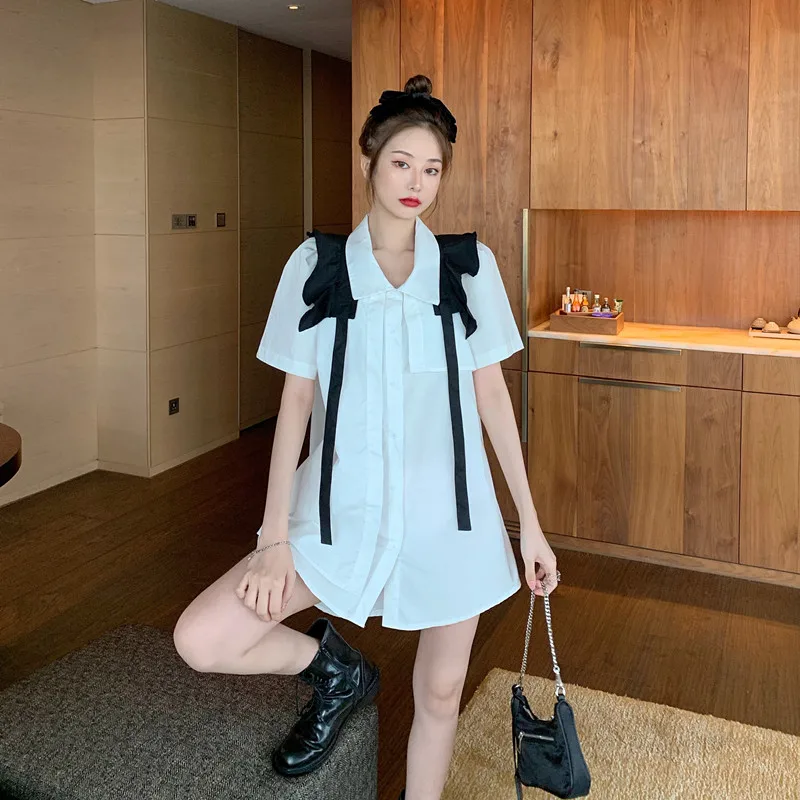 Женское однотонное платье рубашка с отложным воротником и коротким рукавом