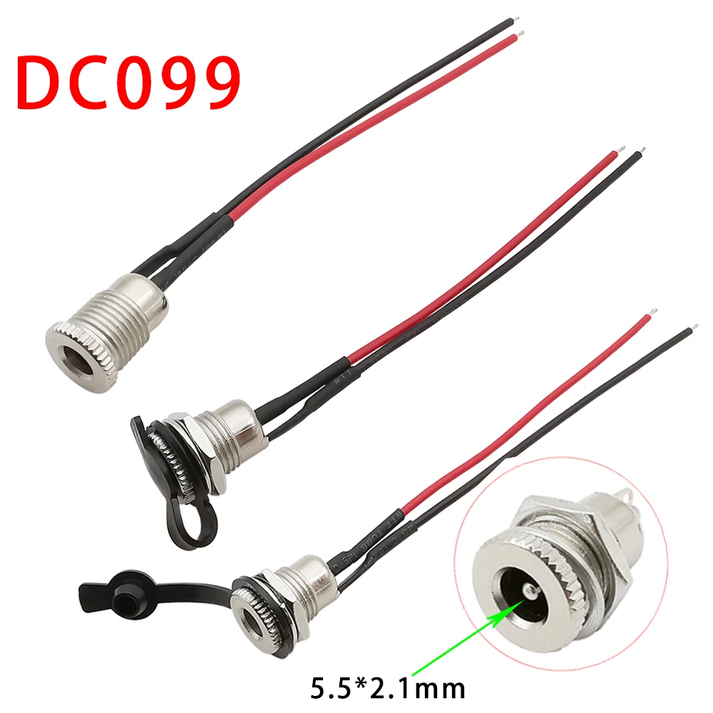 

Metal DC-099 DC Power Supply Threaded Charging Socket 5.5x2.1mm Female Jack Panel Mount Connector with 20AWG Wire Waterproof Cap