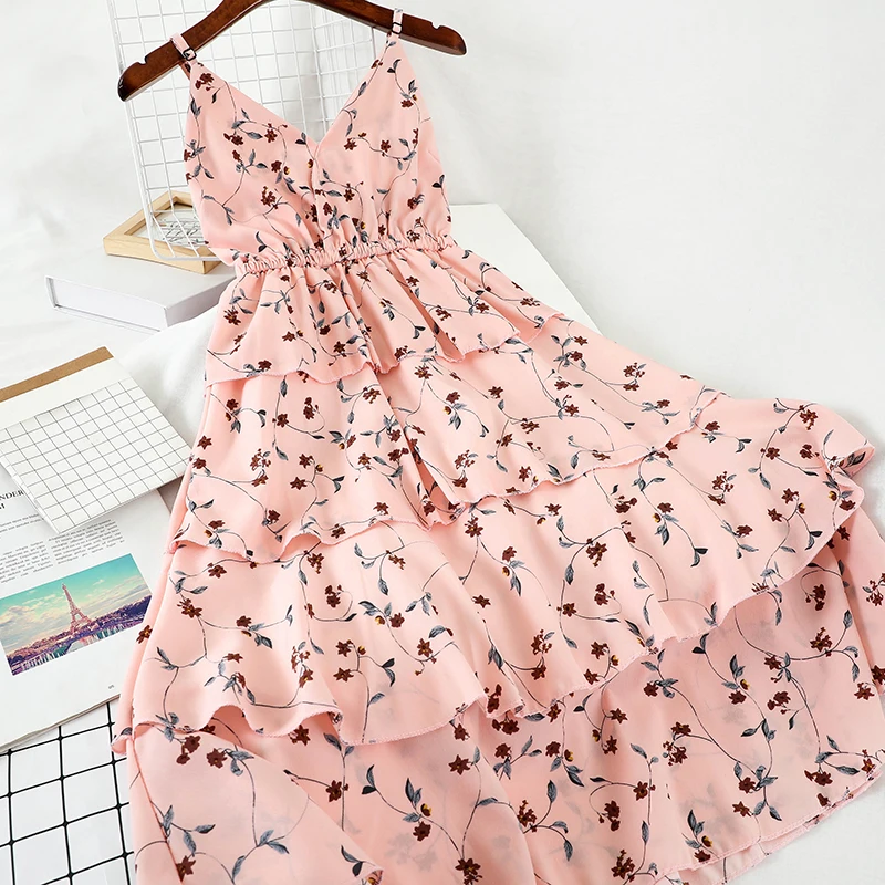 

Holiday Print Floral Cascading Ruffles Vestidos 2021 Summer Sexy V-Neck High Waist Backless Women Cupcake Dress Party Dresses