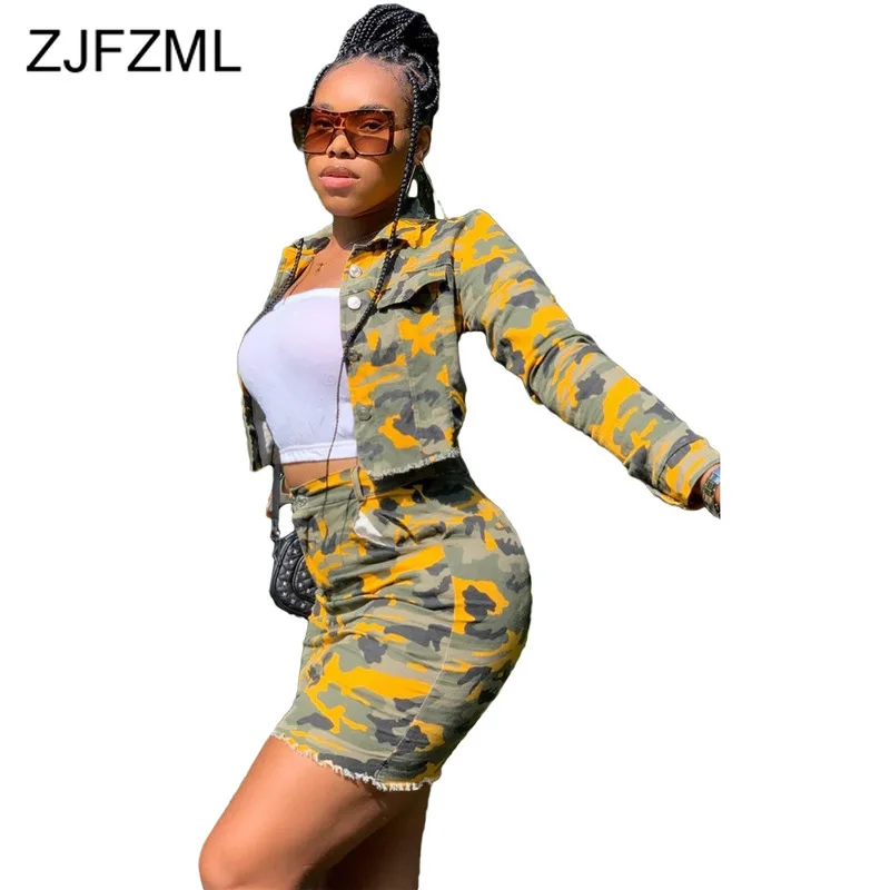 Женский джинсовый костюм с отложным воротником пикантный Камуфляжный комплект