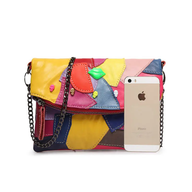 

2021 Women Messenger Bag Genuine Leather Clutch Bags Chain Stitching Panelled Patchwork Ladies Lip Skull Crossbody Shoulder Bag