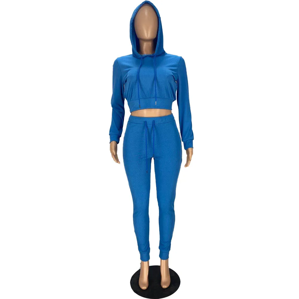 

Hooded High Elastic Solid Fitness Ribbed Tracksuit Woman 2 Piece Sets Skinny Long Sleeves Crop Top Leggings Sportswear Suits New