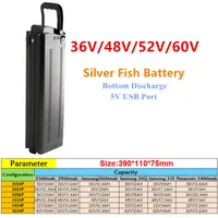 2020 hot sale 36V 48v 60v 10ah 13ah 15ah 18ah 20ah 21ah bottom discharge Silver Fish Electric bike Battery Pack with 5V USB
