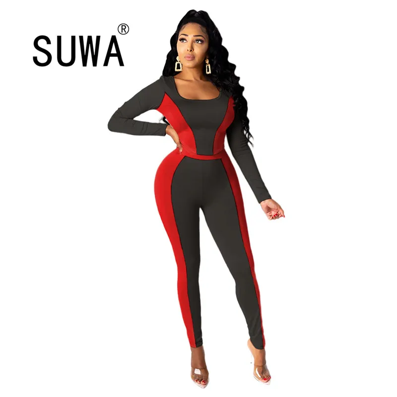 

Костюм спортивный женский контрастный в полоску, лоскутный комплект из двух предметов, пуловер с длинным рукавом, облегающий Топ, облегающи...