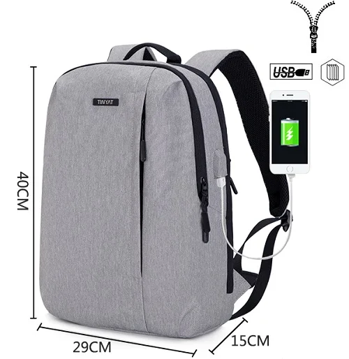 Gray Backpack Рюкзак мужской Мужской рюкзак для ноутбука с USB-портом TINYAT, рюкзак для ноутбука с диагональю 15,6 дюймов, открывается на 90 градусов, деловой рюкзак через плечо, сумка для путешествий - Цвет: Gray Backpack