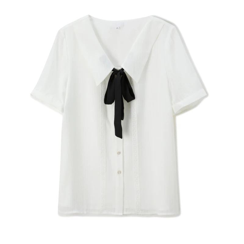 

COIGARSAM 3XL Plus Size French Style Chiffon Shirt Womens tops New Summer Peter pan Collar Women shirts White 3672