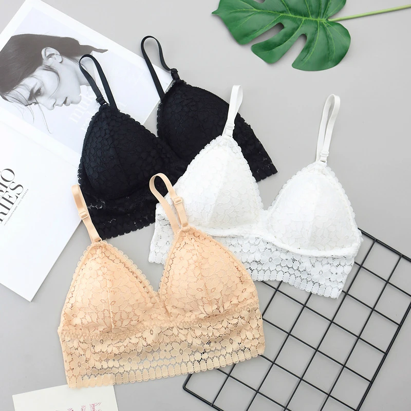 

French Lace Wireless Triangle Cup Women Bra Bralette Soft Seamless Underwear Padded Deep V Girls Lingerie Brassiere Femme Bh
